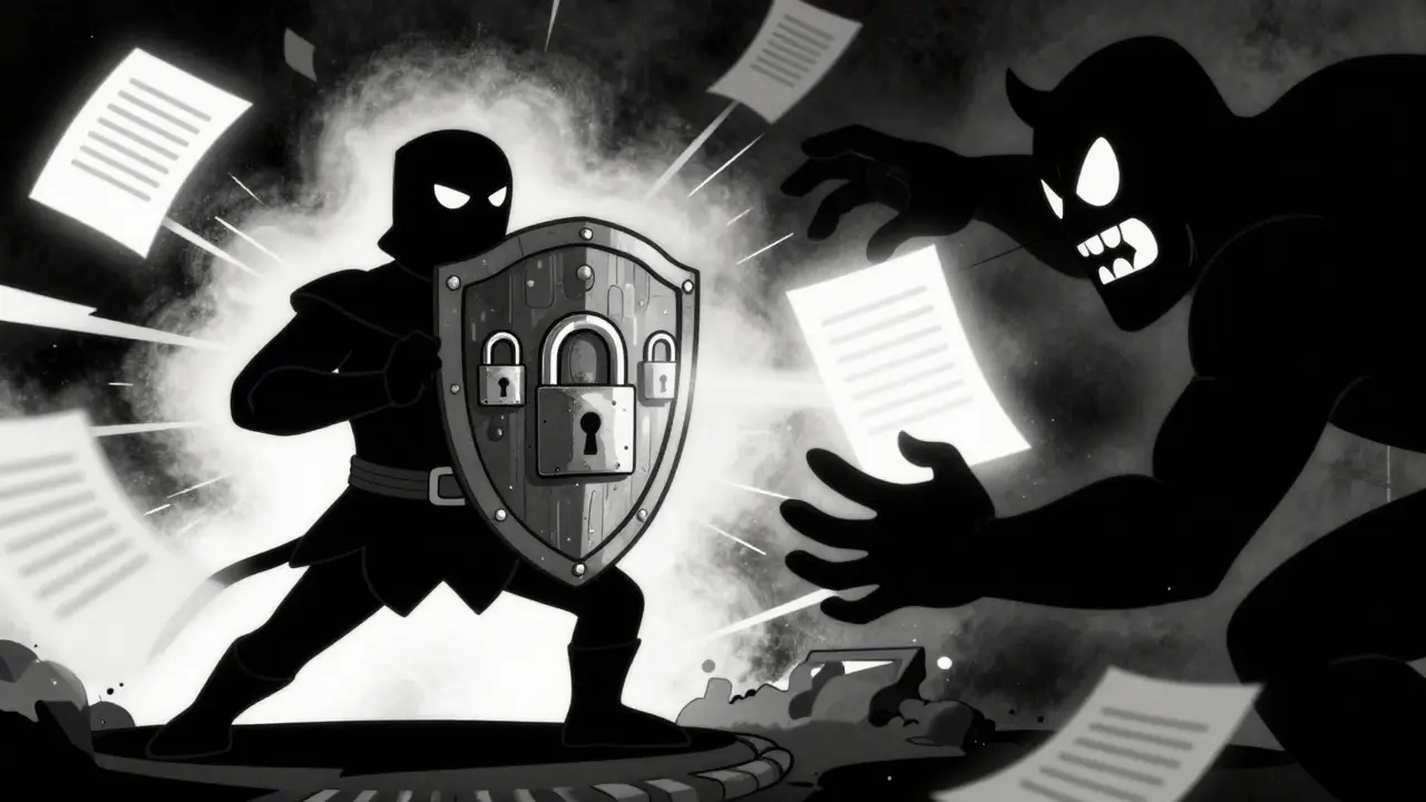 Герой защищает данные щитом от зловещей тени хакера