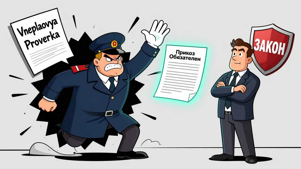 Инспектор врывается с незаконным приказом, но владелец бизнеса защищён щитом закона.
