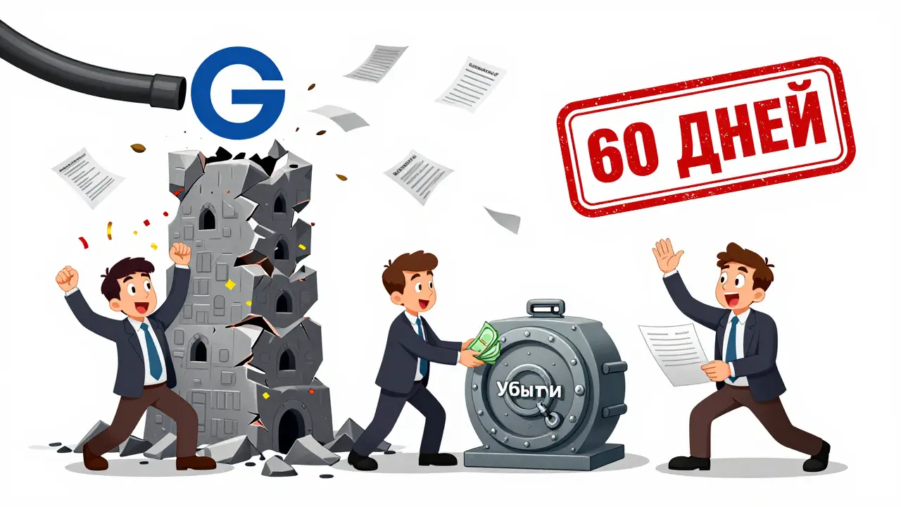 Компания рушится, один участник получает компенсацию, другой подает иск, над ними — цифра 60 дней.