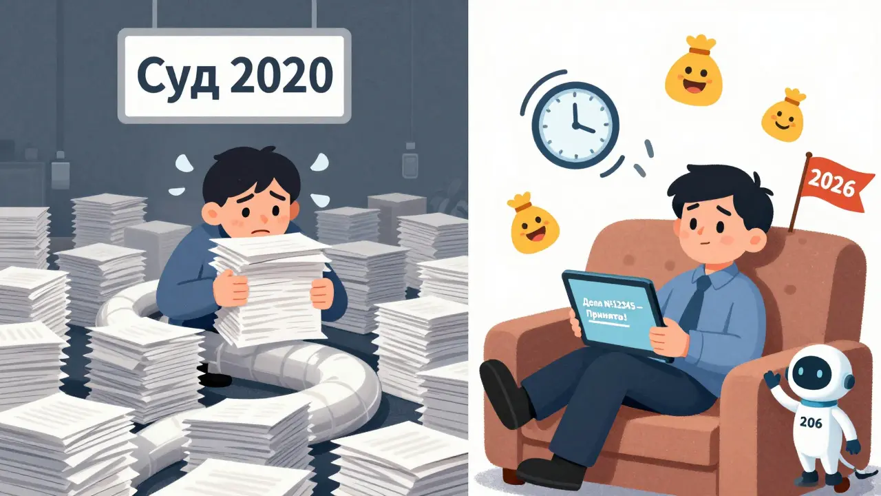 Контраст: очереди за бумажными документами vs комфортная подача иска через цифровую систему в 2026 году.