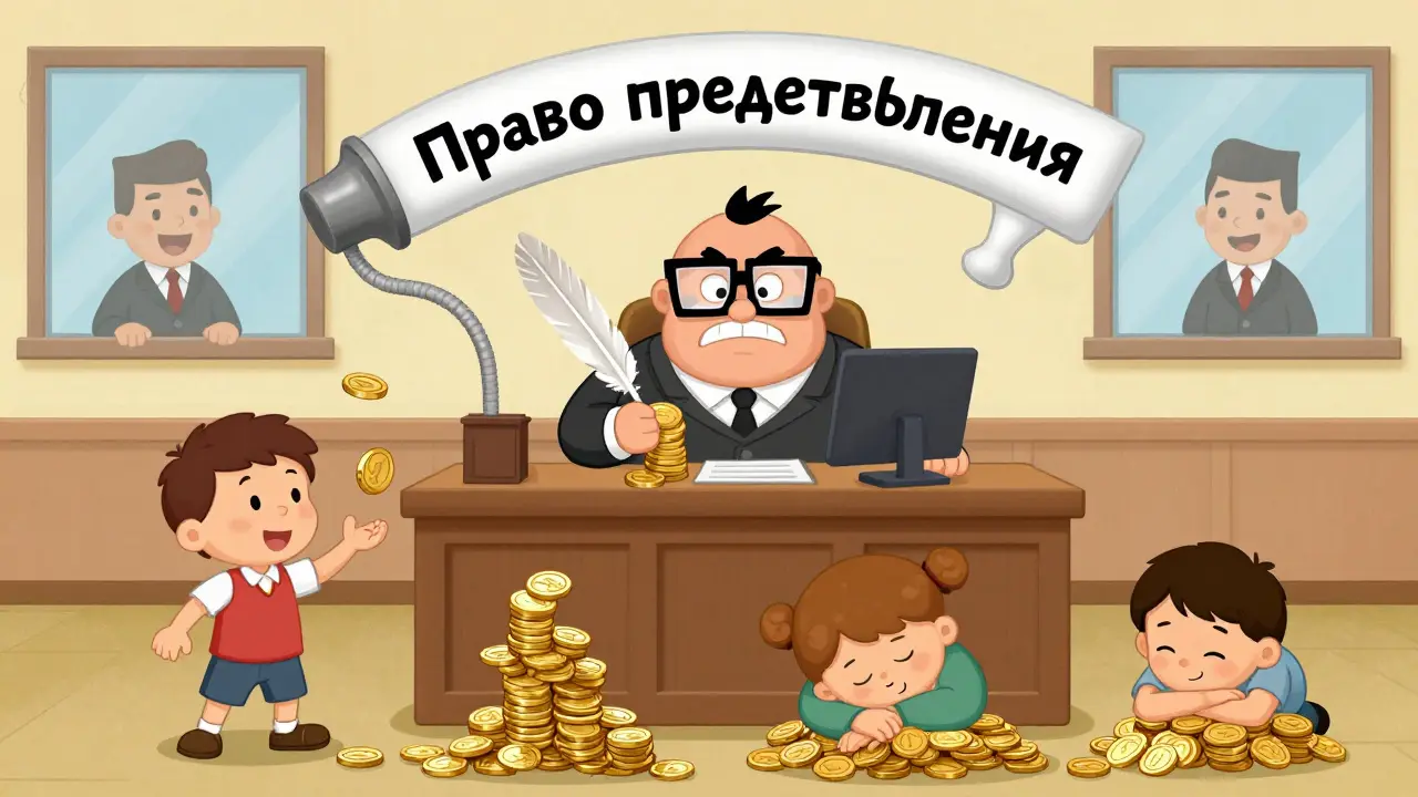 Нотариус раздаёт золотые монеты двум детям и трём внукам, один внук жонглирует, другой спит, документ в виде шланга сверху.