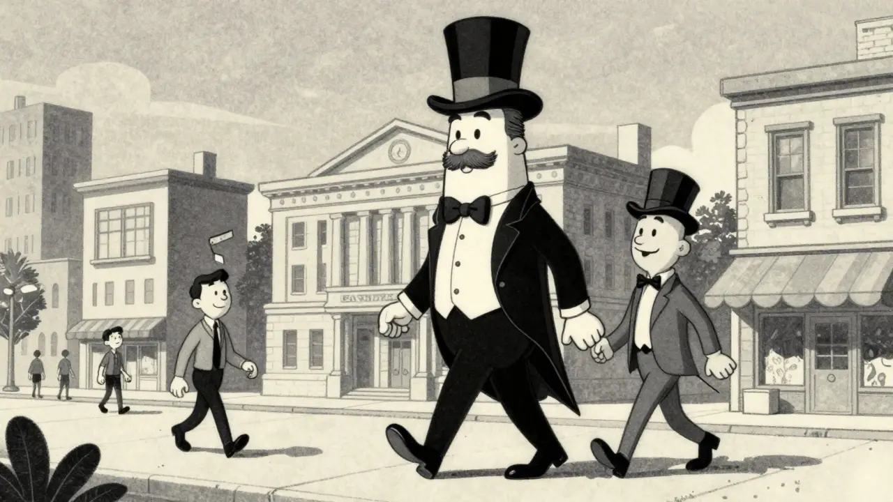 Оживленное государственное здание прогуливается с другими фигурами по улице.