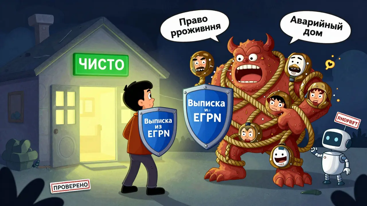 Покупатель с щитом ЕГРН побеждает монстра скрытых обременений, за ним — безопасный дом.