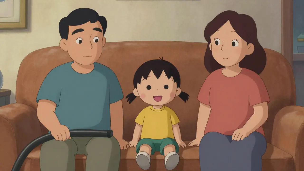 Приемная семья отдыхает вместе на диване