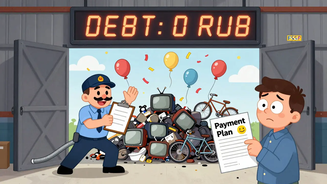 Пристав открывает склад с изъятым имуществом, долг погашен, конфетти падает — кредитор радуется.