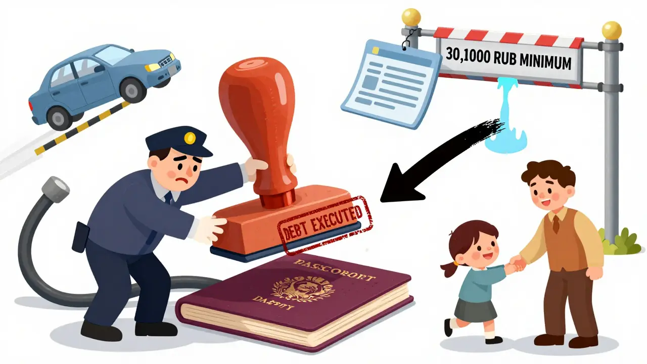 Пристав запрещает должнику выезд за границу, используя огромную печать, а вокруг — признаки принудительных мер.