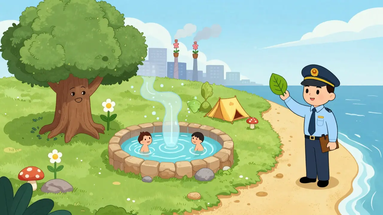 Резиновая анимация: мелкие ООПТ — древний дуб, минеральный источник и дюны с палатками под листьями.