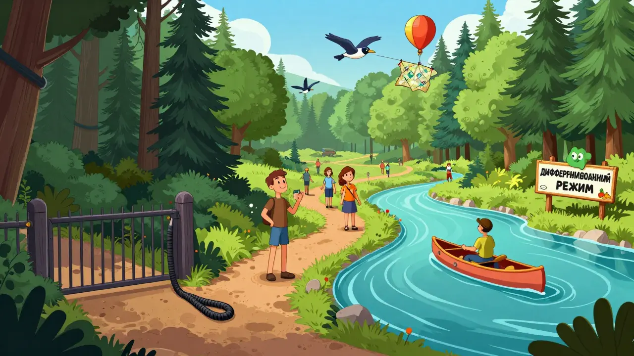 Резиновая анимация: национальный парк с тремя зонами — запретной, туристической и экотуристической.