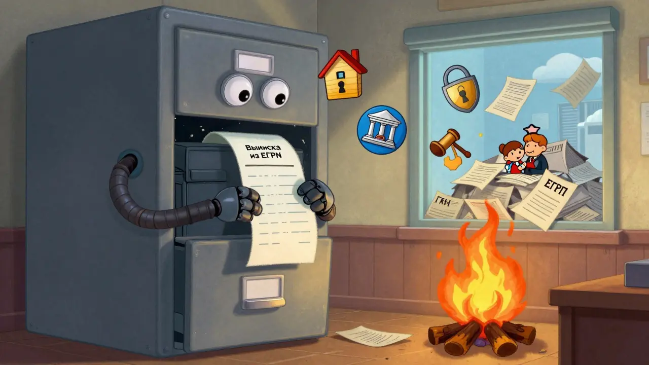 Робот печатает выписку из ЕГРН, старые документы горят в углу.