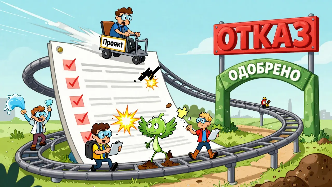 Роликовая дорожка с этапами экологической экспертизы, где эксперты проверяют документы, а проект едет к отказу или одобрению.