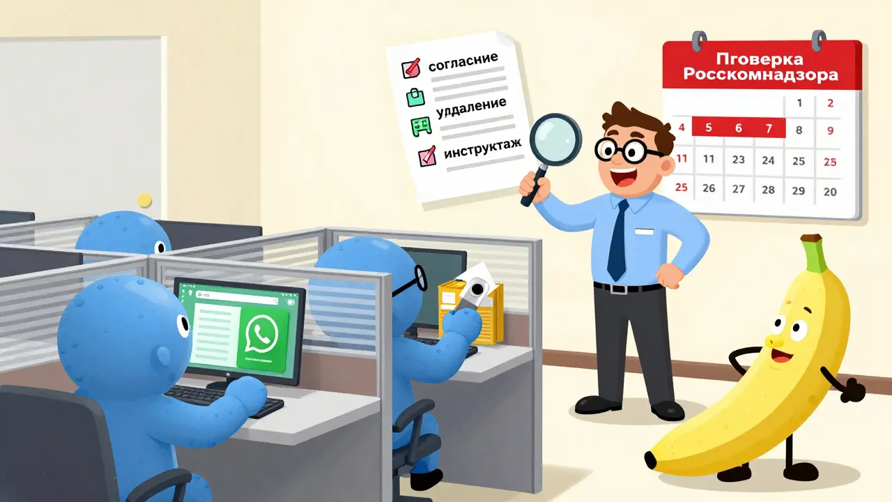 Сотрудник проводит обучение по защите данных, пока коллеги пытаются отправить информацию через WhatsApp и хранить её на флешке.