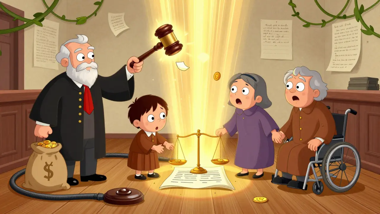 Судья разрушает поддельное завещание, а законные наследники получают свет и скрытое завещание под полом.