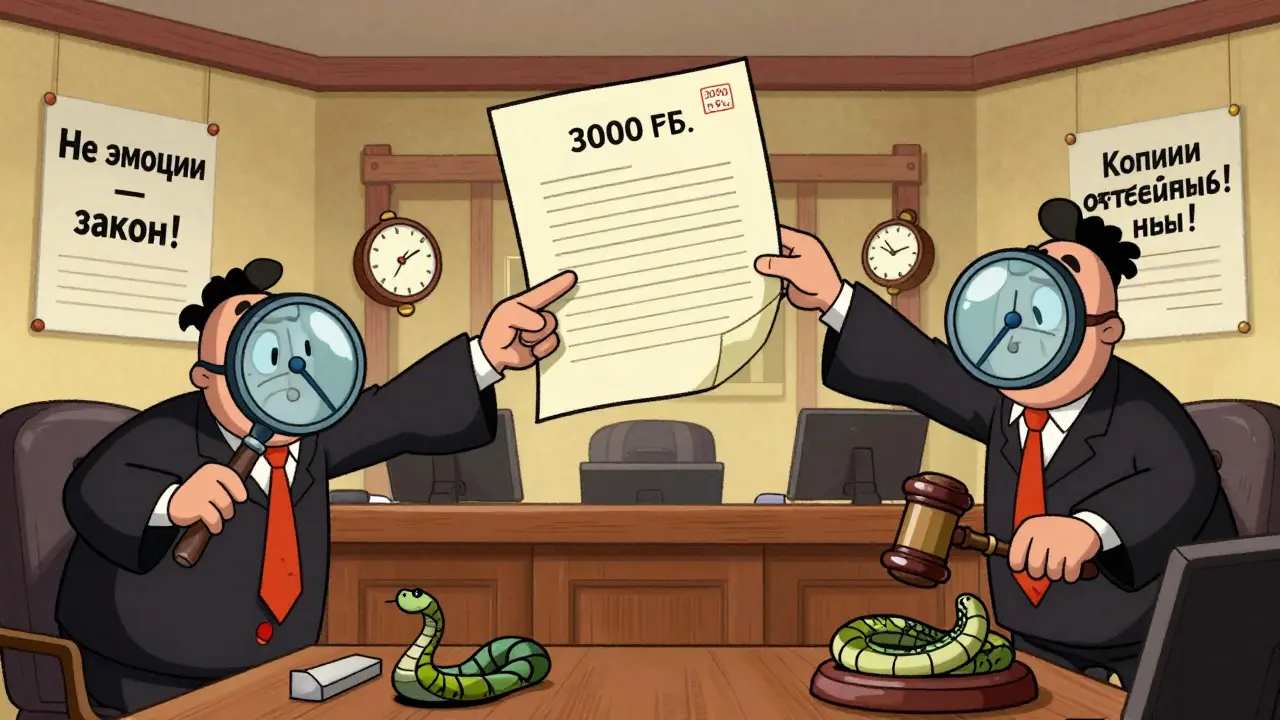 Судьи с гибкими руками разбирают документ, один держит часы, другой — квитанцию, на стенах — надписи 'Не эмоции — закон!'