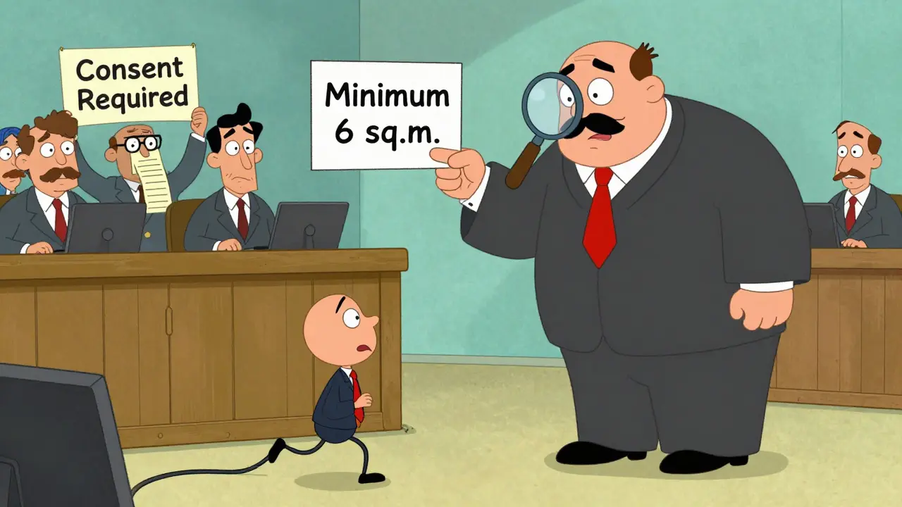 Судебное заседание: человек с долей 0,5 кв.м. против знака 'Минимум 6 кв.м.'.