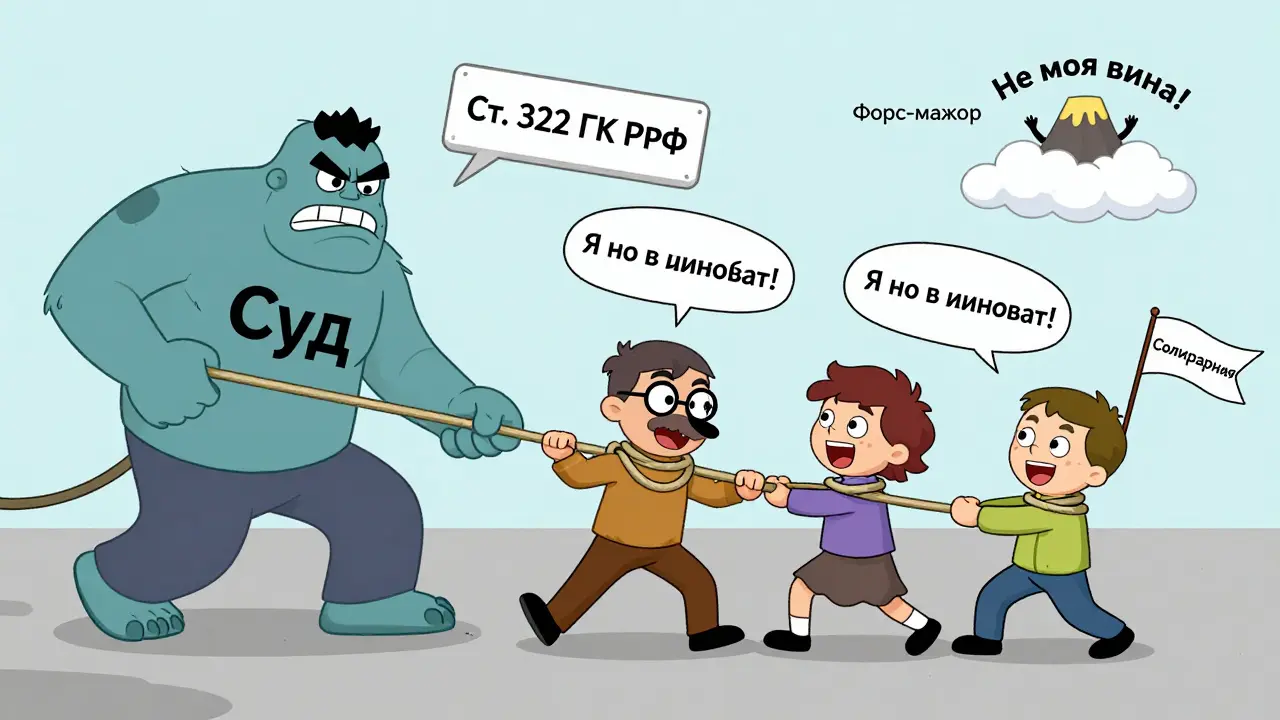 Трое персонажей связаны резиновыми веревками, преследуемые долговым монстром в стиле резиновой анимации.