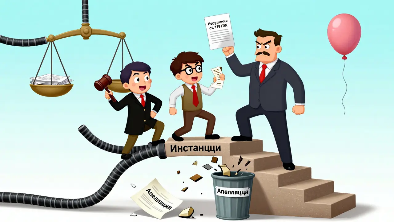 Юрист, гражданин и прокурор спорят на лестнице с падающим решением суда, вокруг — плавающие законы.