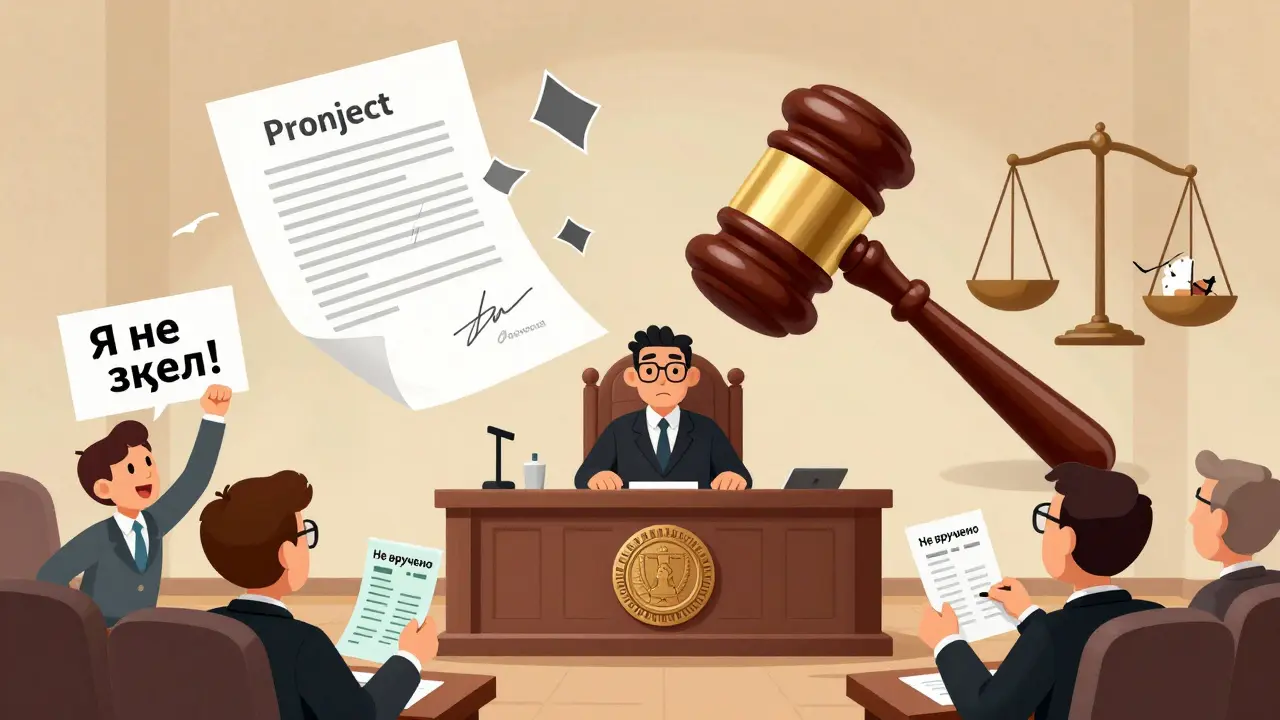 Юрист спорит с поддельным протоколом в суде, один участник держит почтовую квитанцию, другой — подписанный документ.