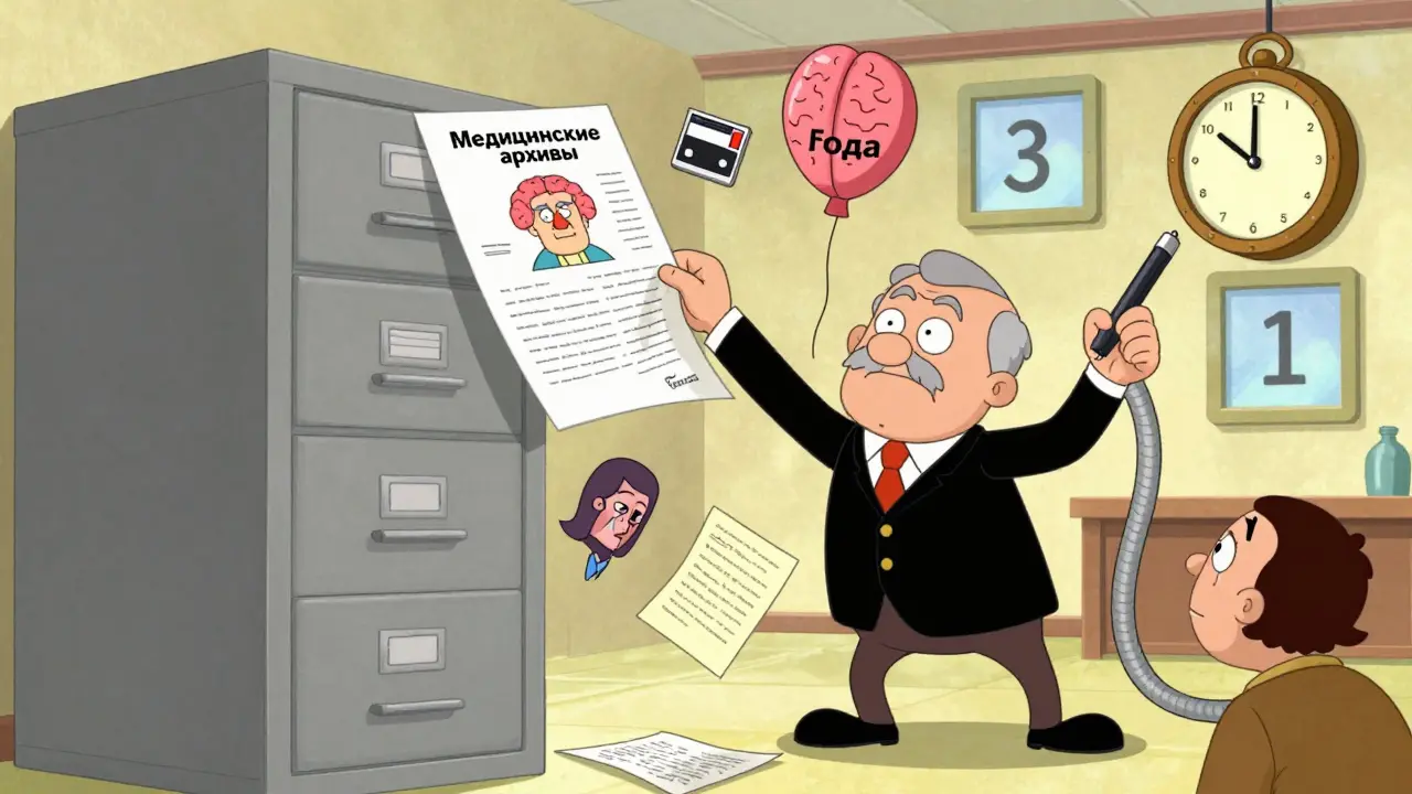 Юрист вытаскивает из шкафа медицинские карты, рядом с ним плывут доказательства и тикает часы с指керами-ручками.
