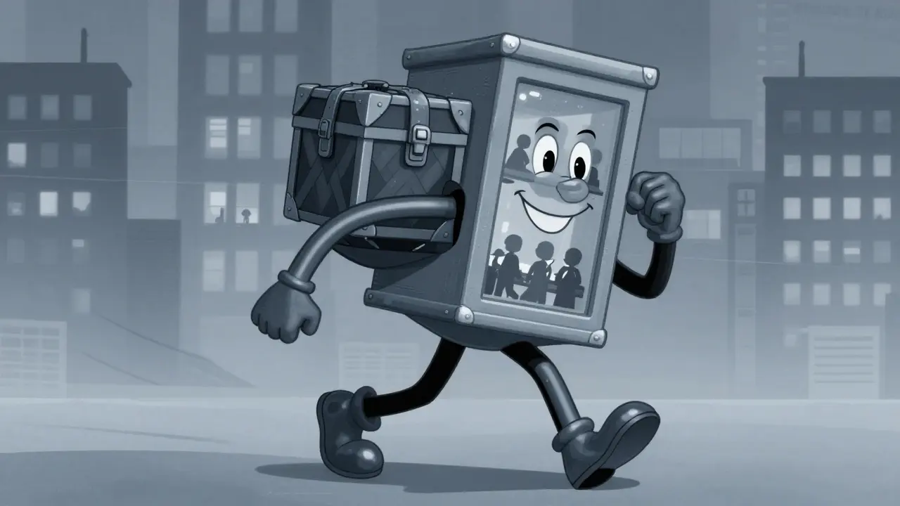 Здание с руками и ногами идет с сундуком, изображая компанию