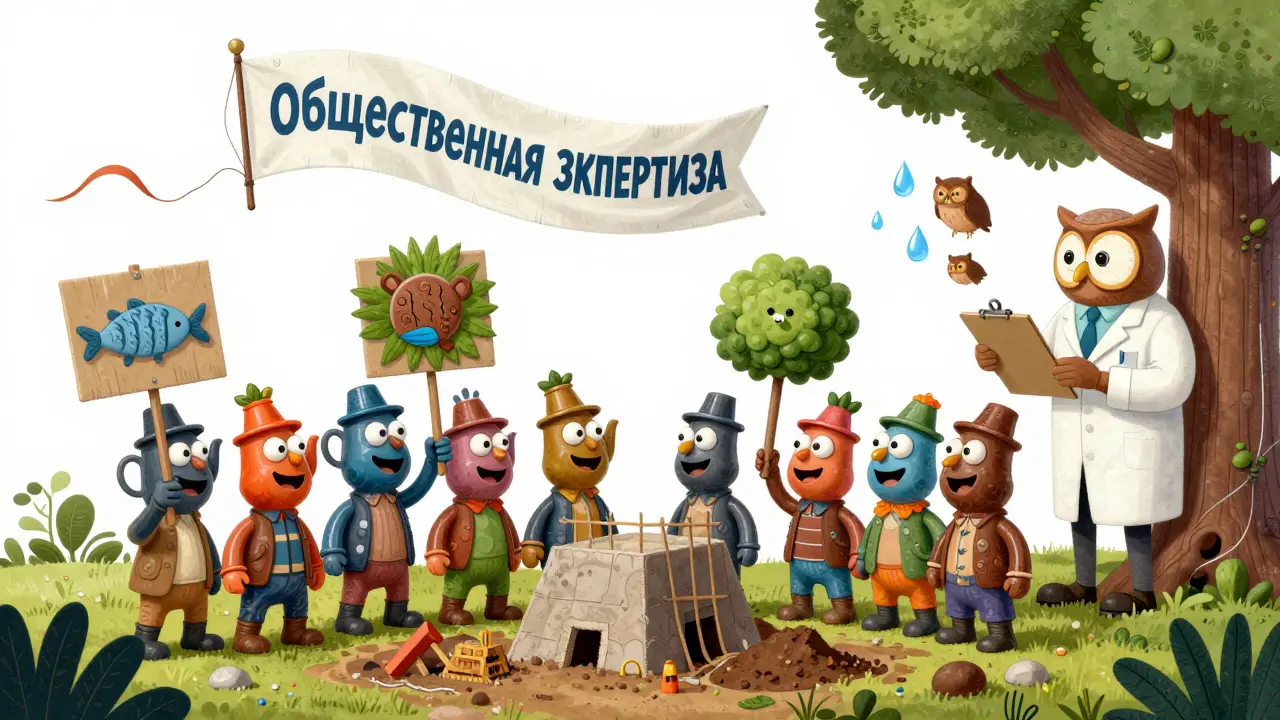 Жители деревни протестуют против строительства, а мудрая сова наблюдает за общественной экспертизой.