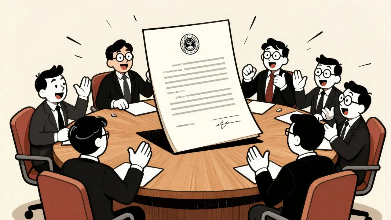 Антропоморфные бизнесмены на собрании обсуждают изменения в уставе