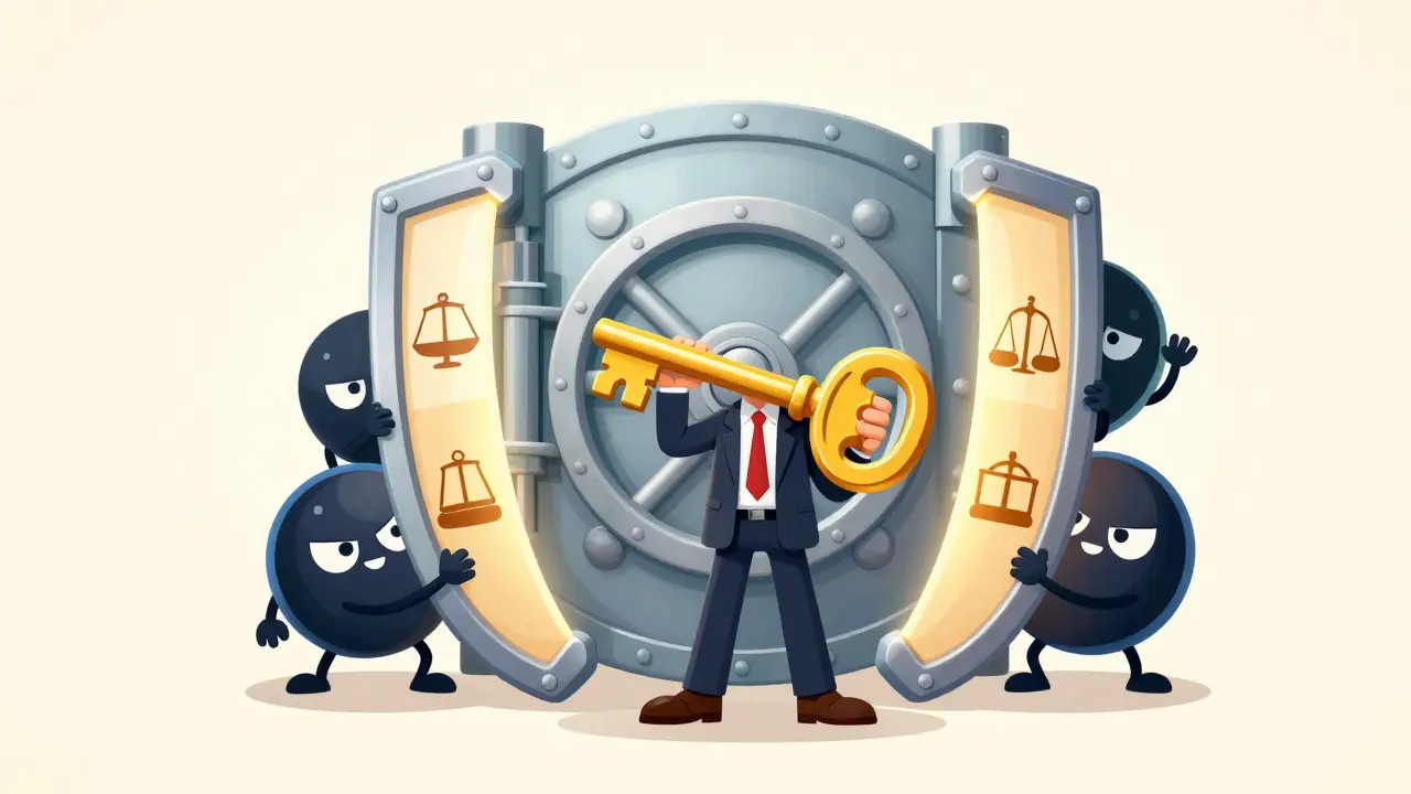 Бизнесмен с золотым ключом защищает сейф компании от рейдеров в стиле резинового шланга