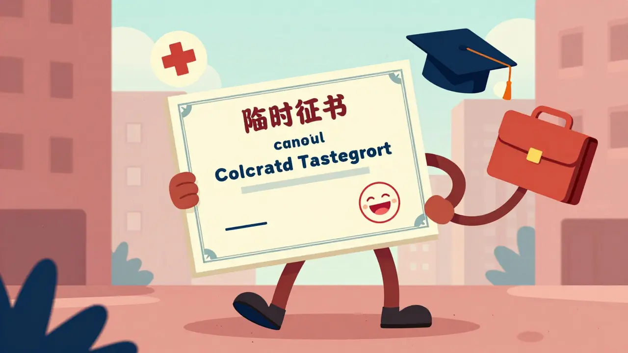 Человек с сертификатом временного убежища и символами прав на работу, медицину и учебу