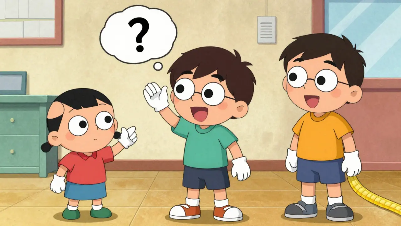 Дети разного возраста в стиле старых мультфильмов, обсуждающие смену фамилии.