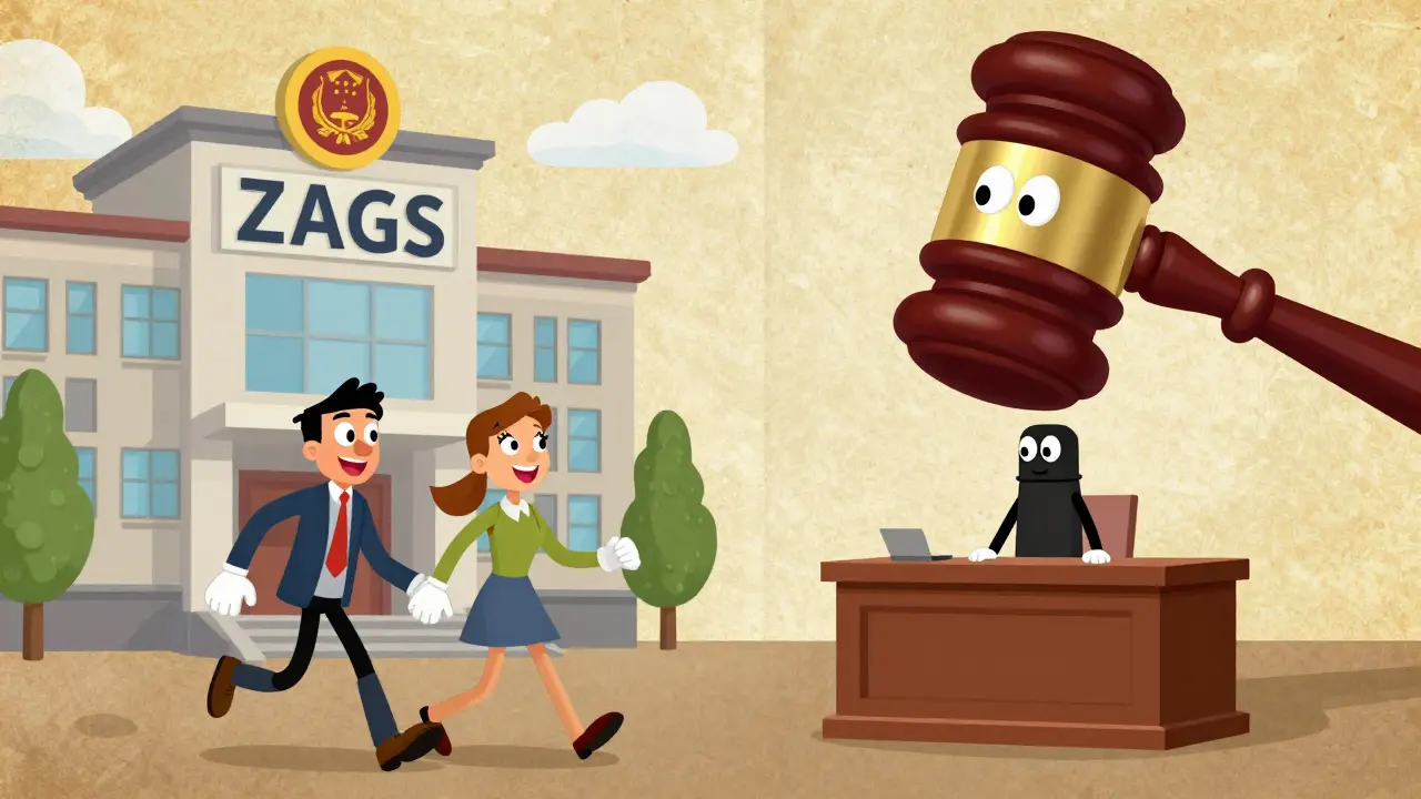 Два пути развода: через ЗАГС и через суд в мультяшном стиле