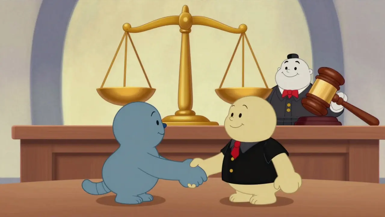 Две фигуры в стиле старых мультфильмов жмут руки, заключая мировое соглашение.