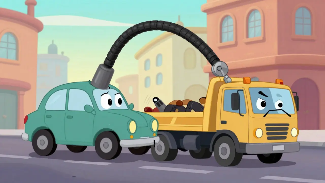 Эвакуатор в стиле ретро-мультфильма случайно царапает автомобиль