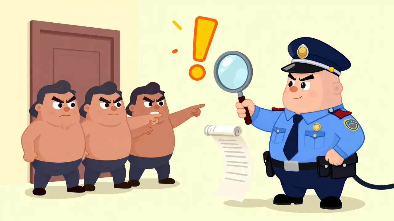 Группа соседей и полицейский составляют протокол о нарушении тишины