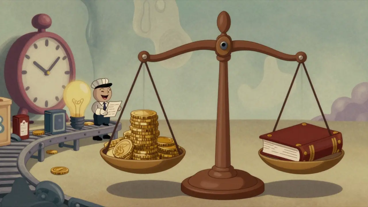 Мультяшные весы, балансирующие золото и книгу законов в винтажном стиле