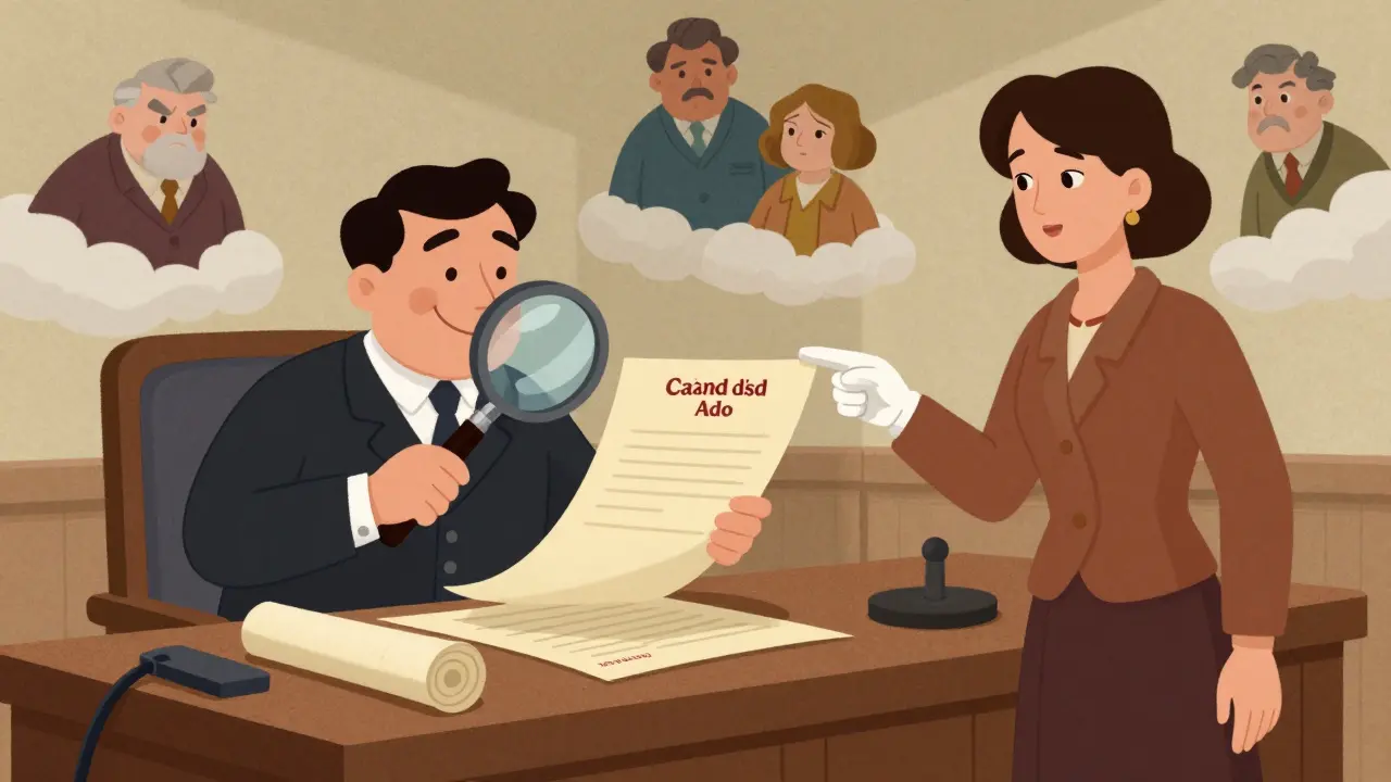 Нотариус изучает документы о праве собственности в мультяшном стиле