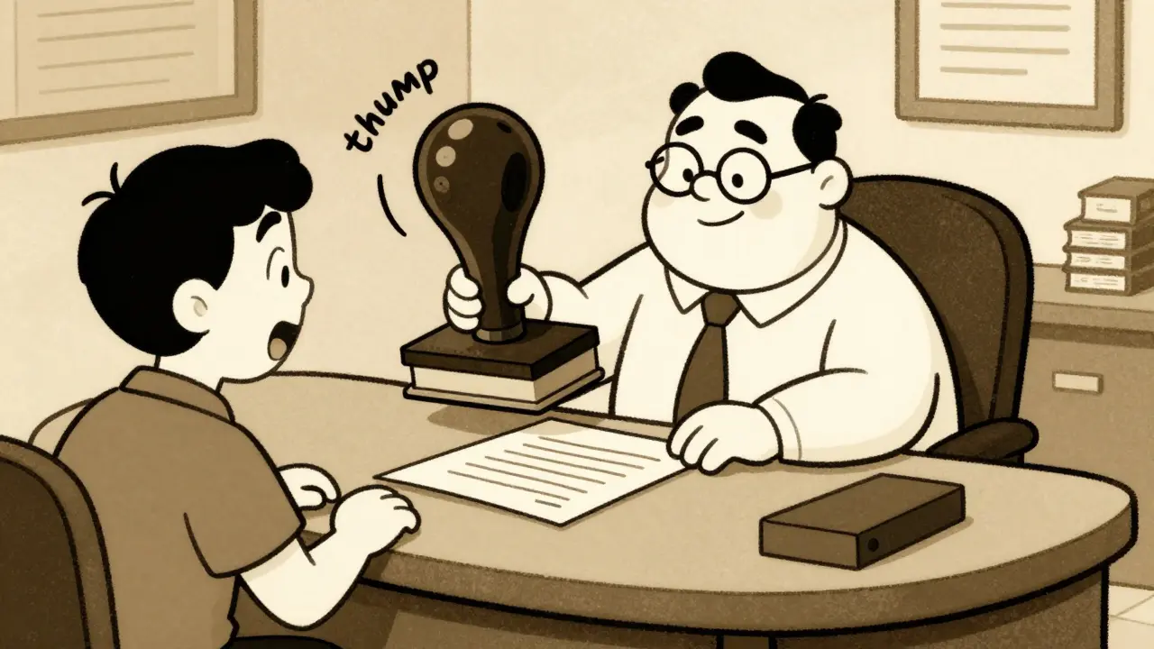 Нотариус ставит печать на документ в стиле старой анимации