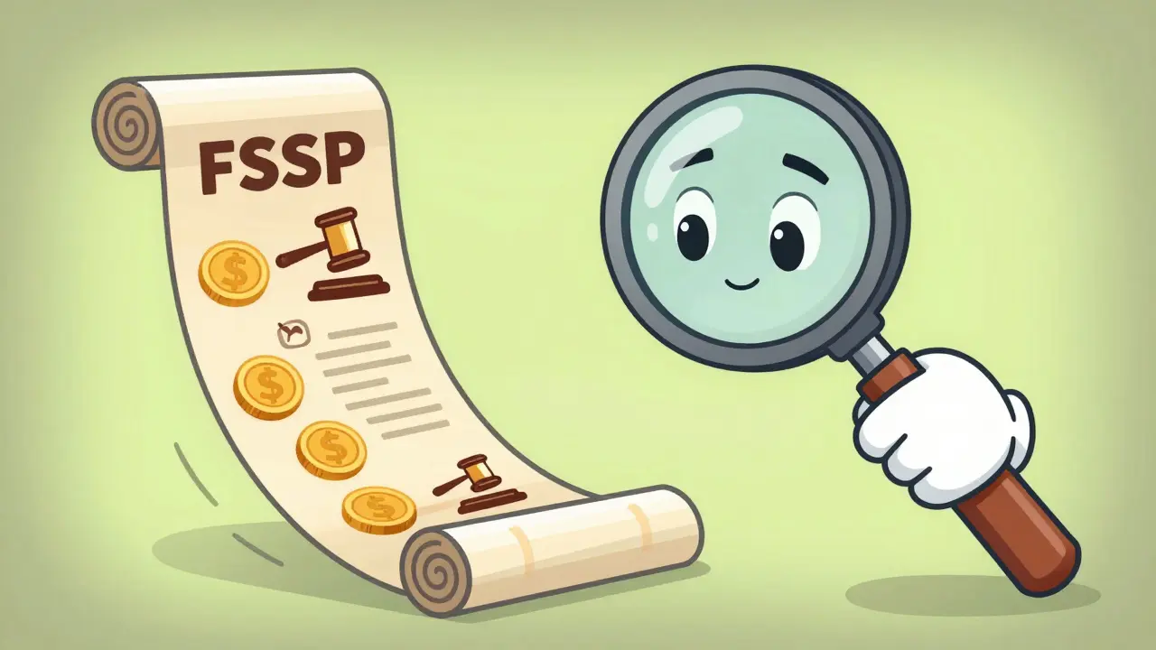 Ожившее увеличительное стекло изучает список задолженностей в базе ФССП