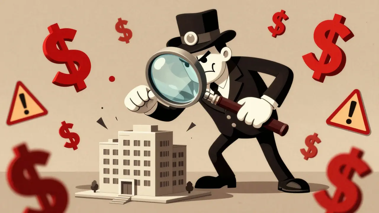 Персонаж-регулятор с огромным увеличительным стеклом нависает над зданием компании.