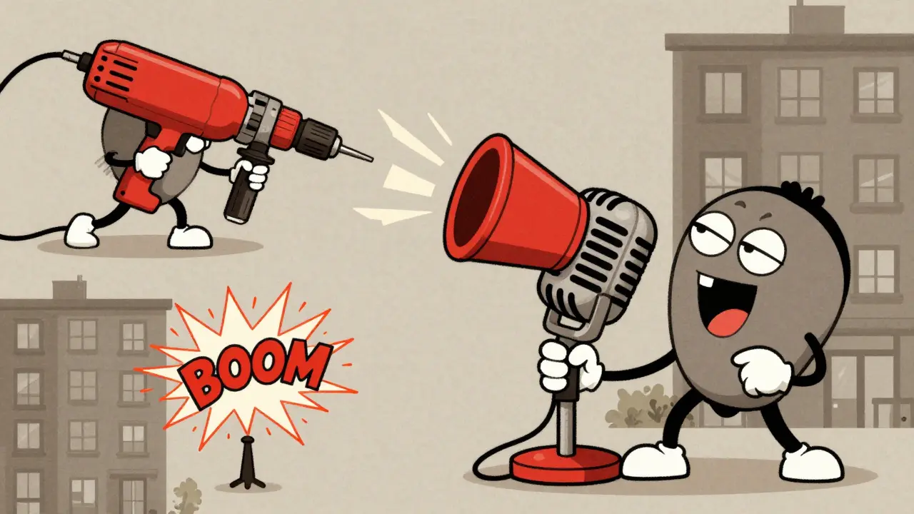 Различные источники шума: дрель, караоке и петарды в стиле ретро-мультфильмов