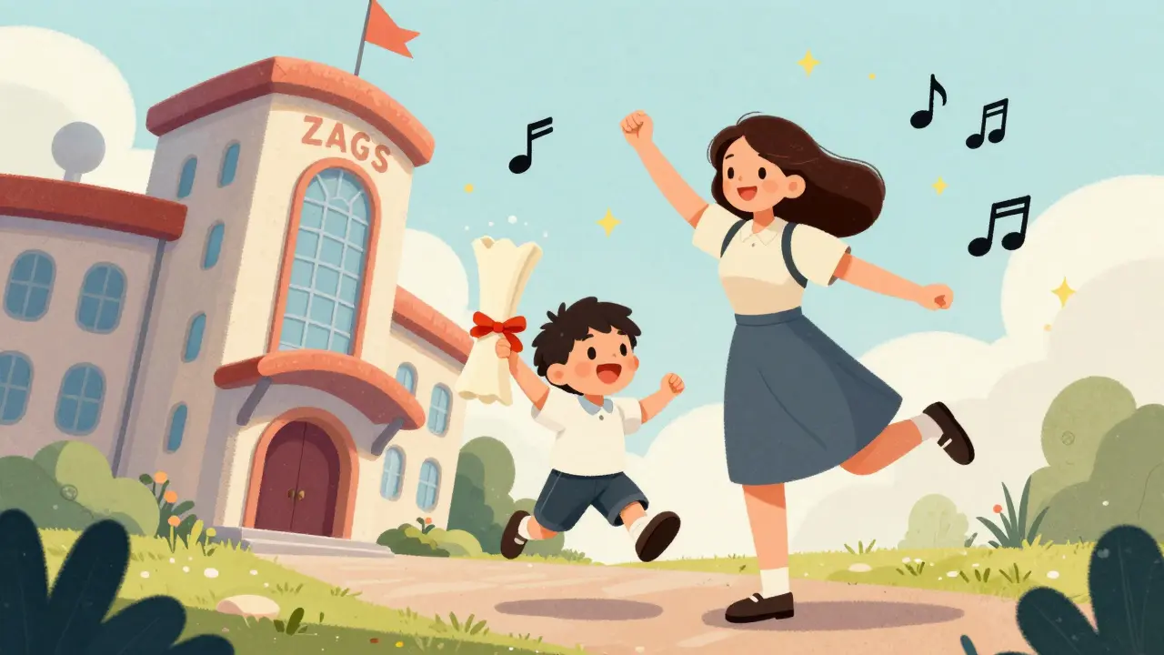 Счастливая мать и ребенок с новым свидетельством о рождении в стиле 1930-х.