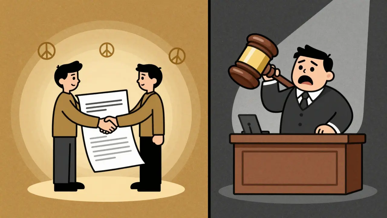 Сравнение мирных переговоров и судебного процесса в стиле старой анимации