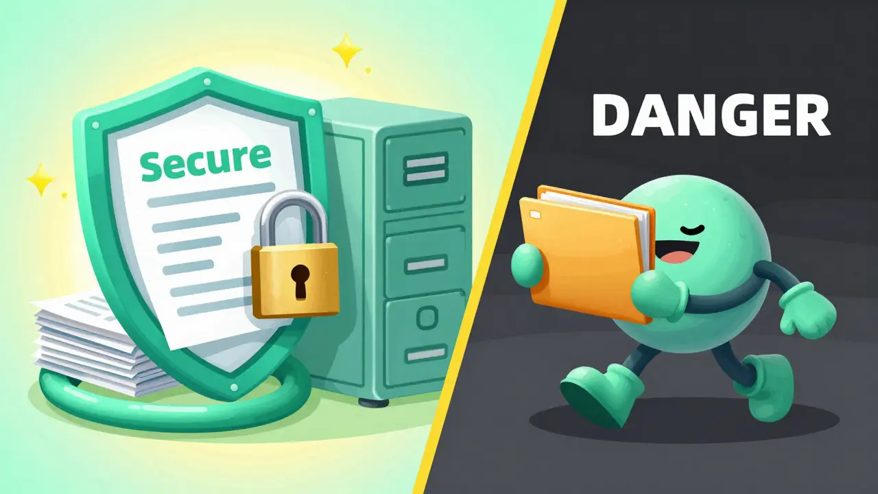 Сравнение защищенного хранения данных и кражи информации в стиле анимации 30-х годов.