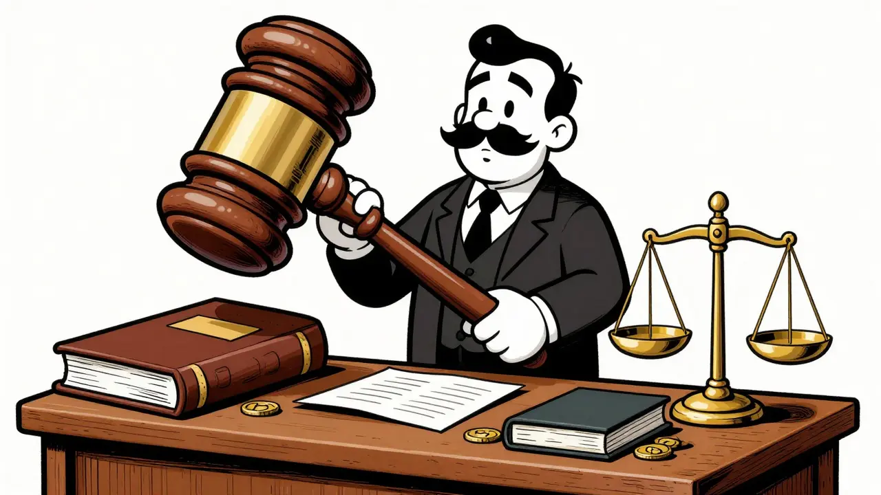 Судья с молотком за столом в картине о банкротстве.