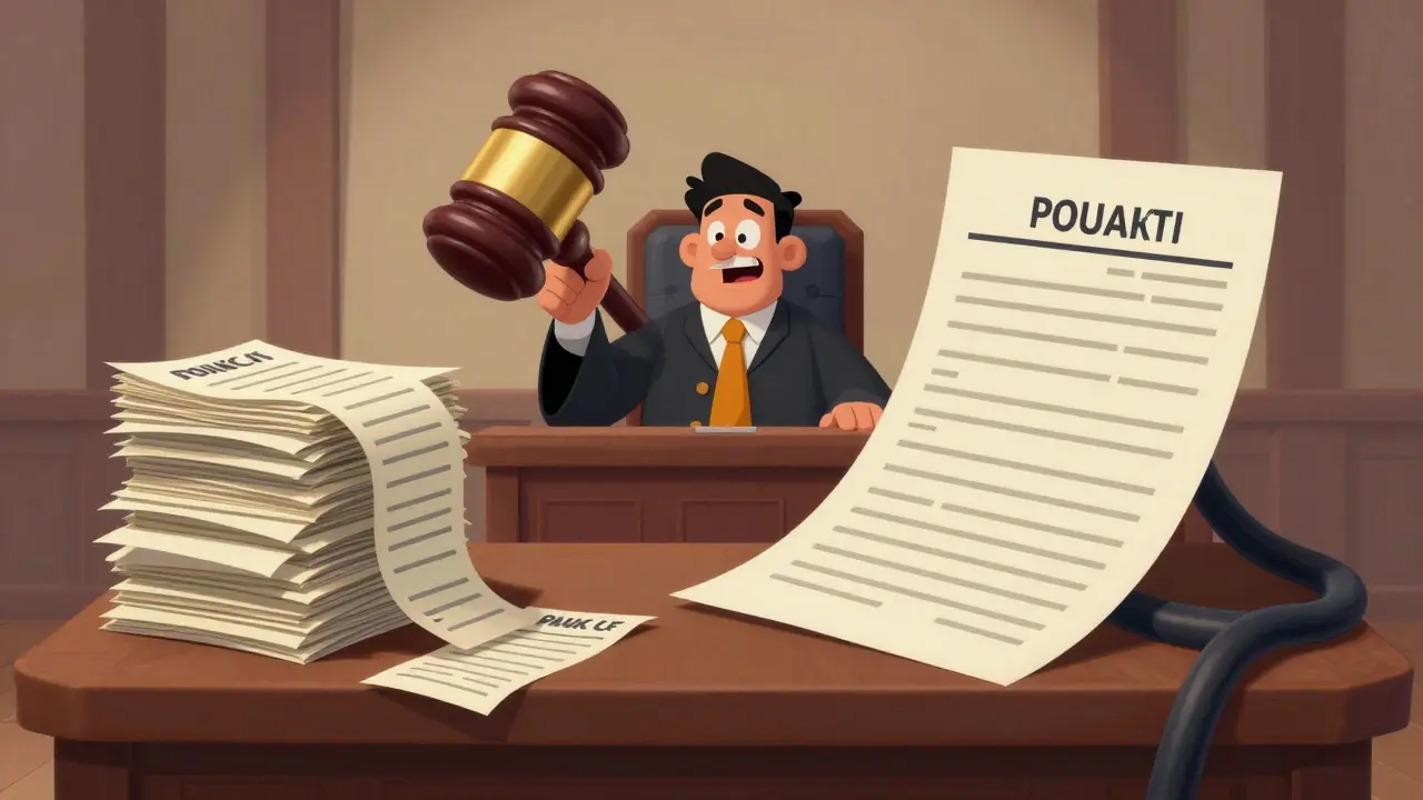 Судебное заседание с огромными стопками документов в стиле rubber hose