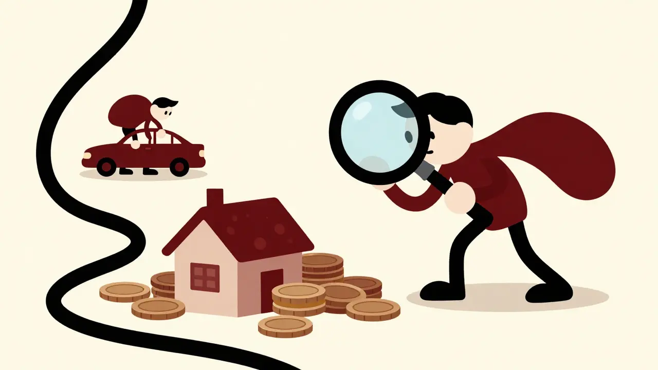 Забавный персонаж ищет скрытое имущество с помощью огромной лупы.