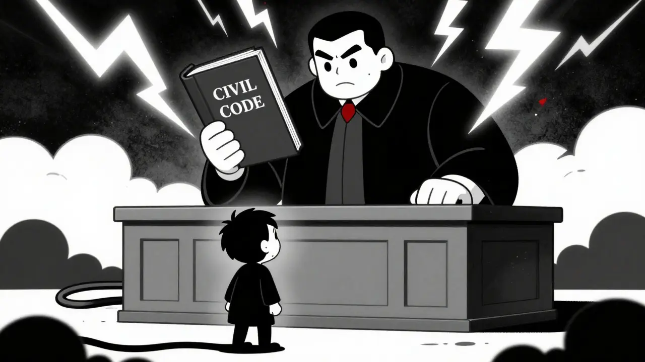 Картунный судья с молотком и книга закона создают угрожающую атмосферу