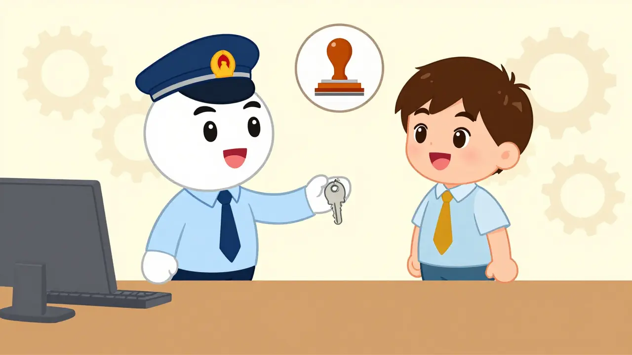 Официальное лицо вручает ключ гражданину на фоне шестеренок