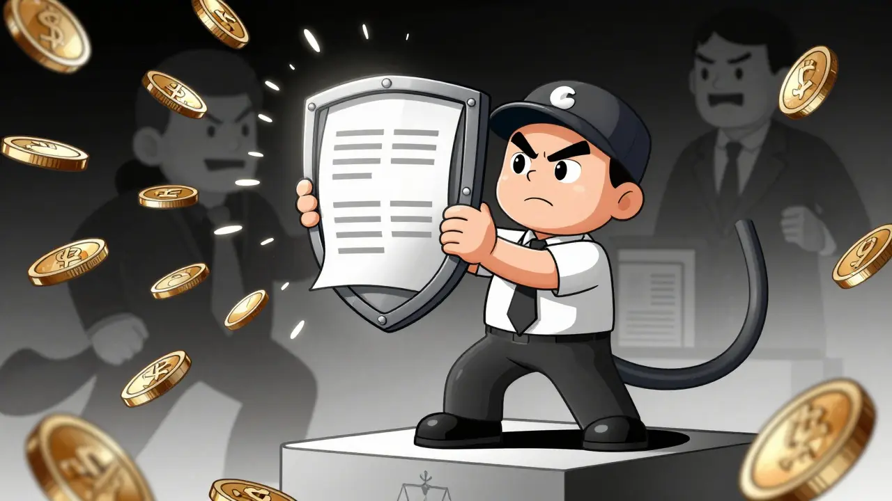 Карикатурный работник защищает свои права щитом от долговых требований