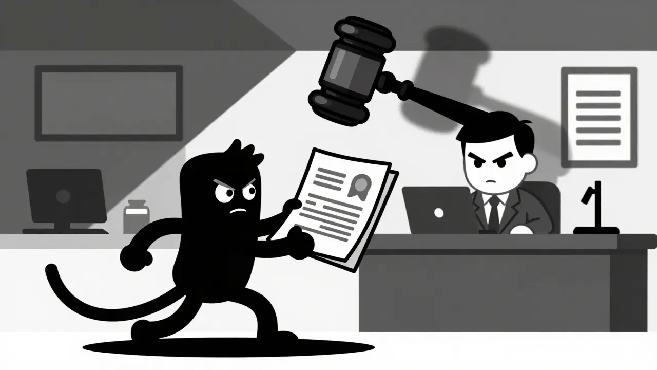 Персонаж сдает документы в МВД под угрозой штрафа в черно-белом карикатурном стиле