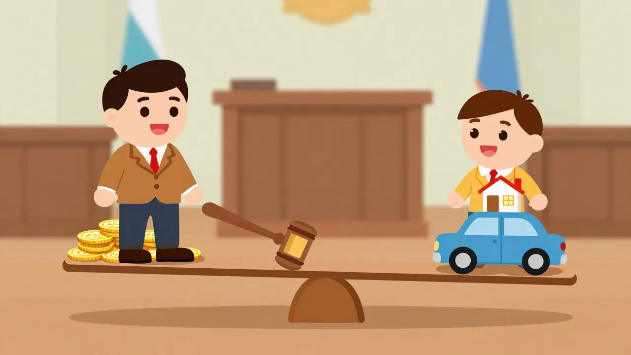 Весы правосудия с криптовалютой и недвижимостью в стиле карикатуры