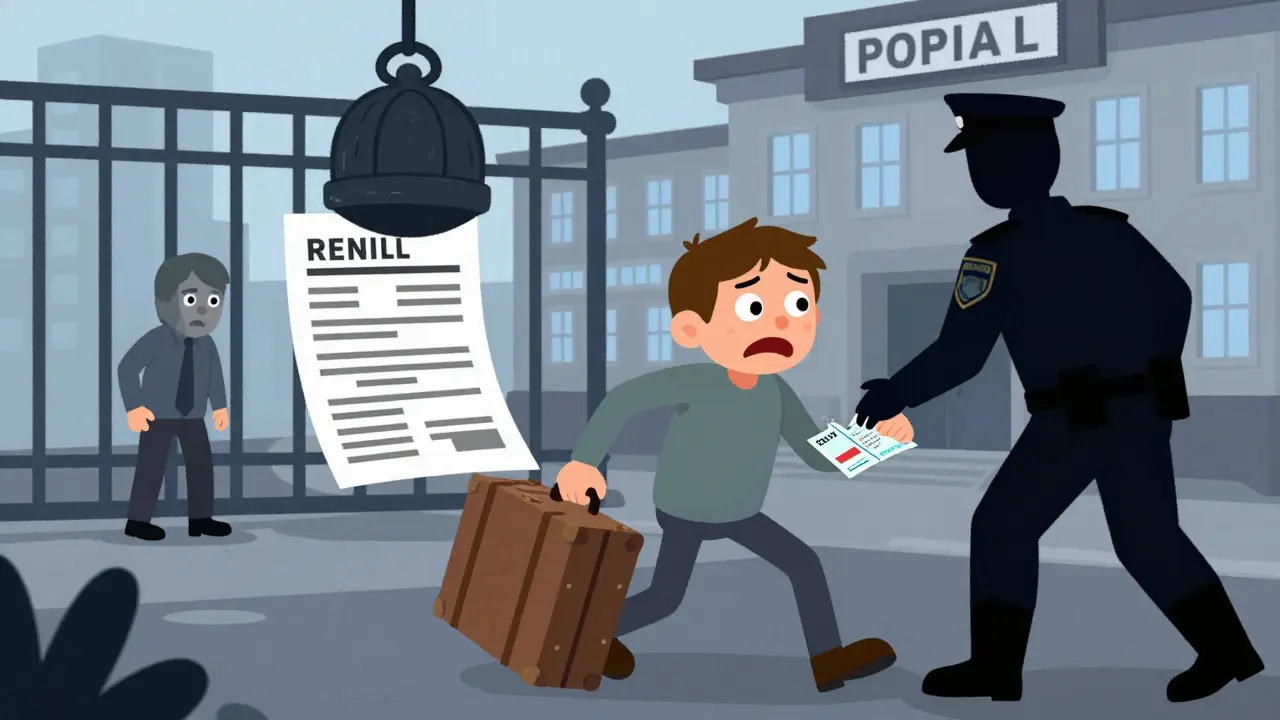 Депортация иностранца и штраф гражданина РФ в карикатурном стиле